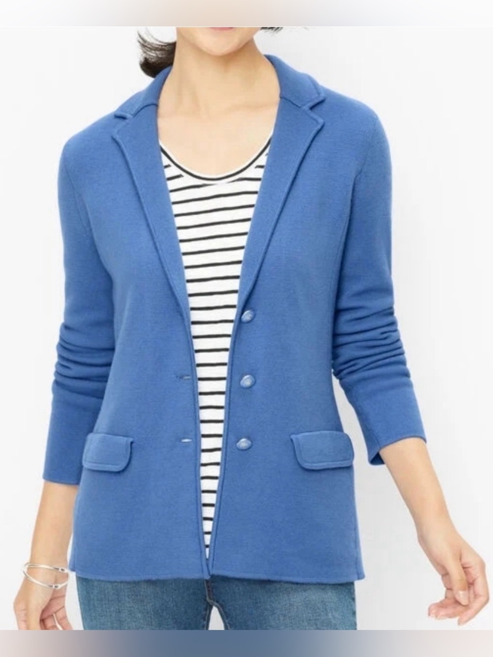 NWOT Talbots Sz 2X Petite Blue Merino Wool Knit Sweater Jacket Blazer Chic - Picture 4 of 7